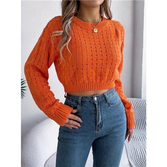 Cutout Back Openwork Round Neck Long Sleeve Sweater - Picture 1 of 16